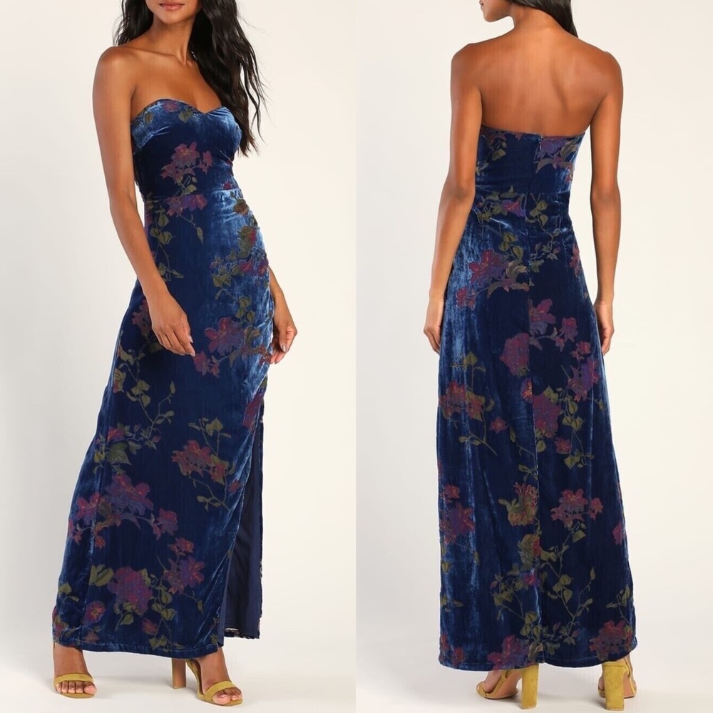 NEW LULUS Exquisite BLUE FLORAL Burnout VELVET Strapless MAXI DRESS Gown